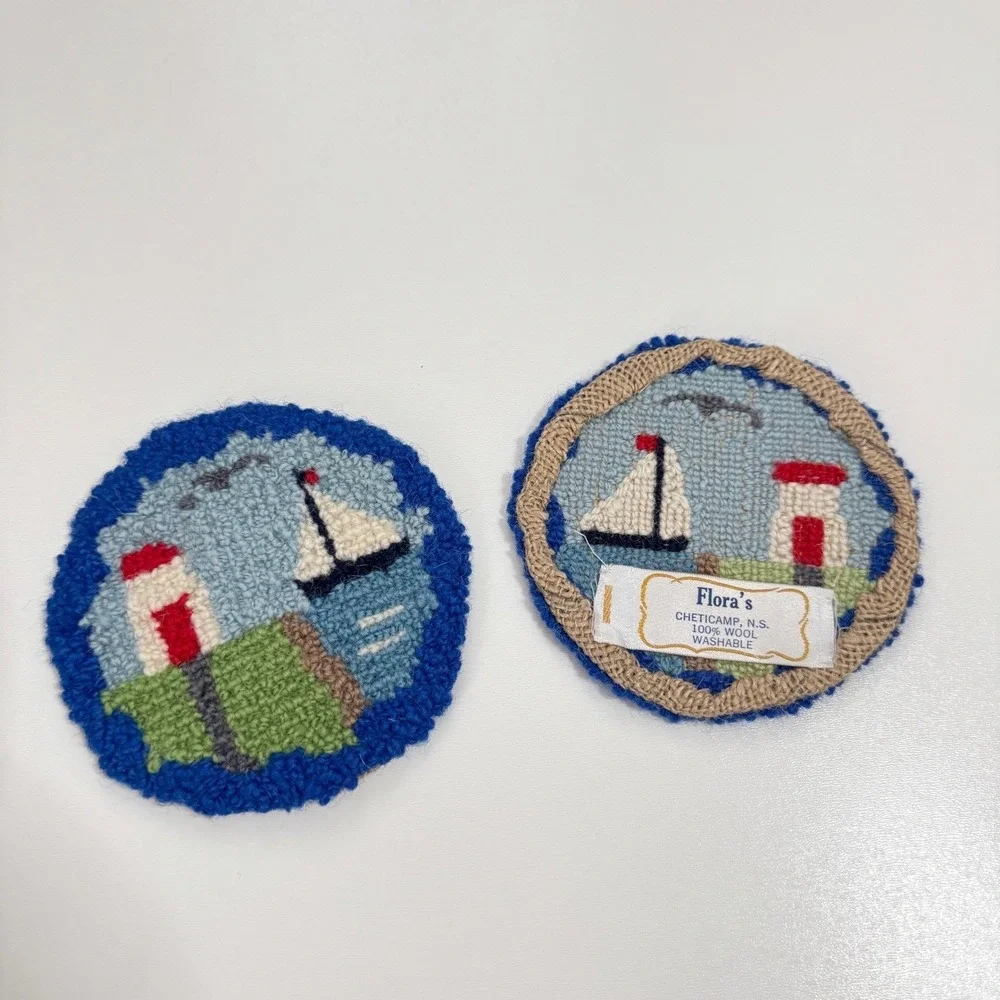 VTG Flora's Cheticamp N.S. Hand Hooked Wool Coasters Set 2 Lighthouse Sailboat‎